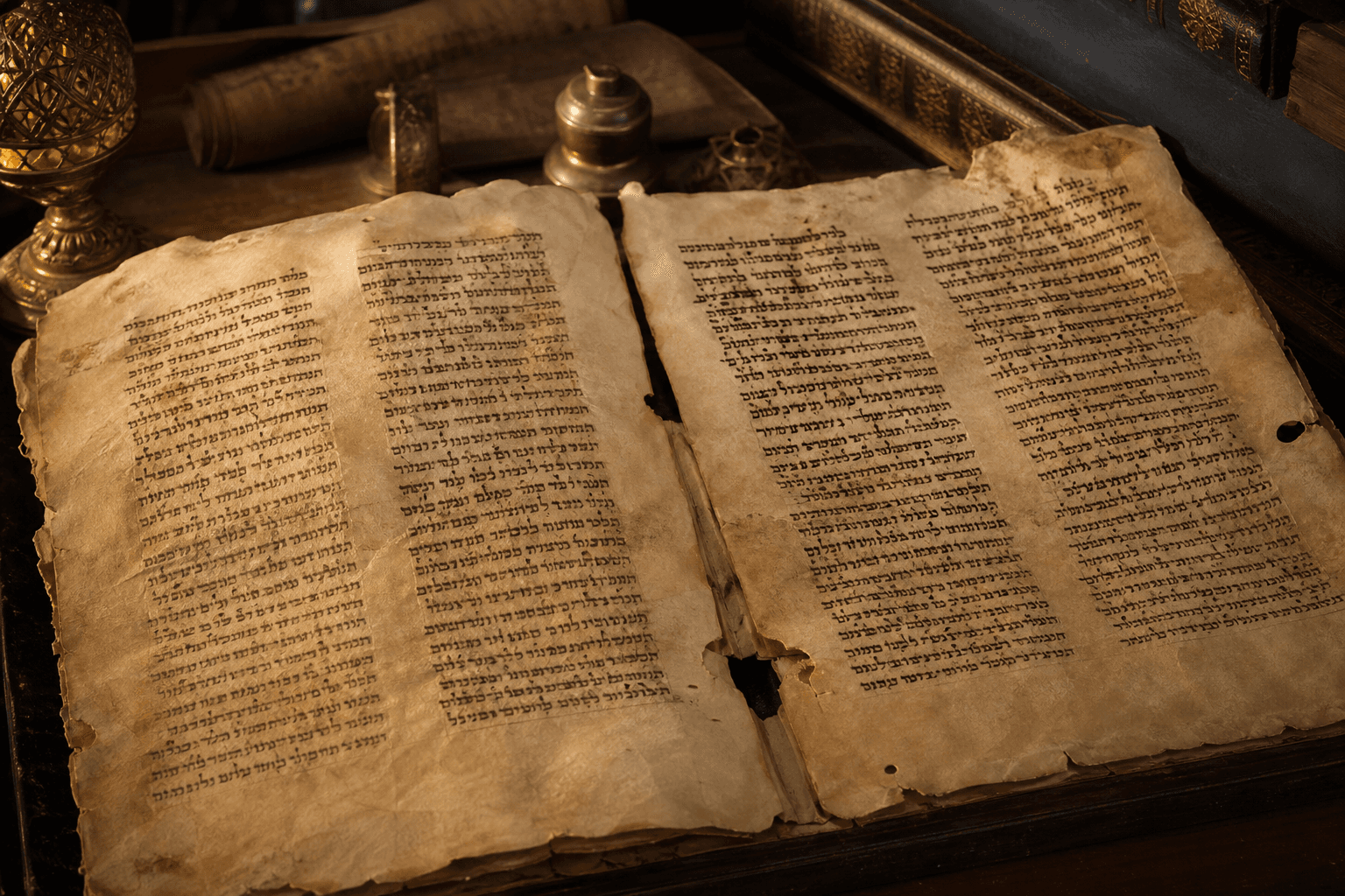 Hebrew manuscript pages in warm study light