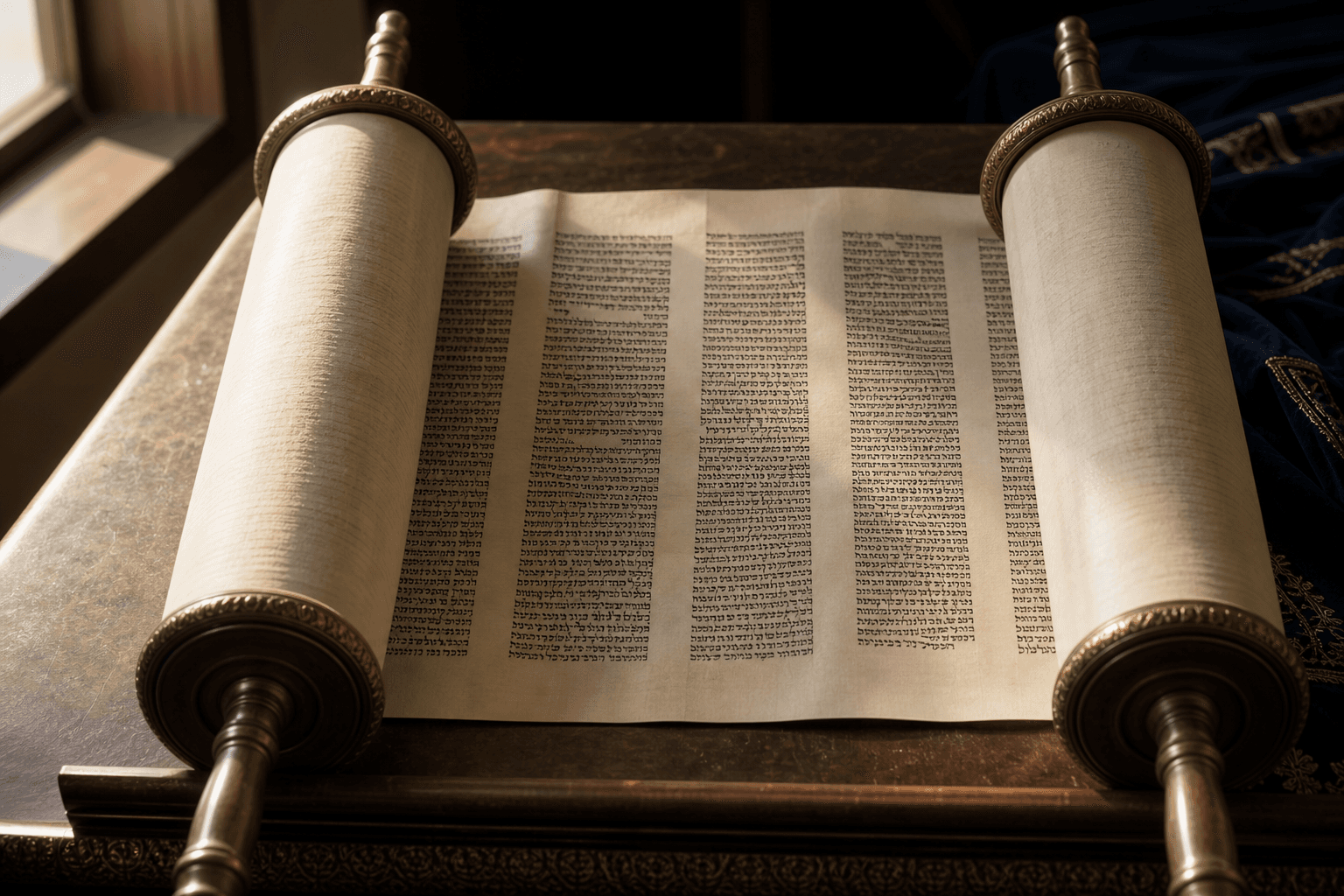 Open Torah scroll on a wooden table